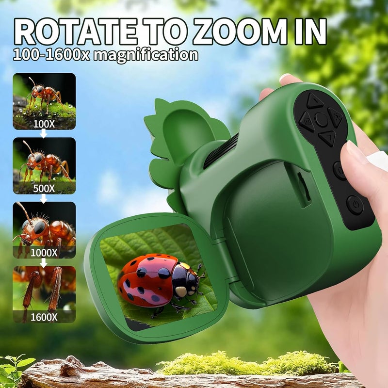 WSDMIC 1600X Handheld Microscope for Kids 2" IPS Screen Kit Mini Pocket Digital Microscopes STEM Science with Slides Photo Video Rechargeable Portable Scope Gift for Ages 6-12 (Green) - Image 3
